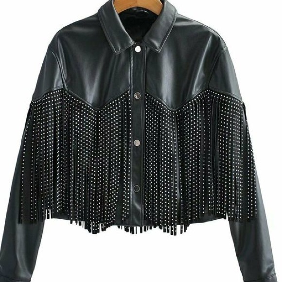 Zara Jackets & Blazers - Faux leather studded fringe jacket